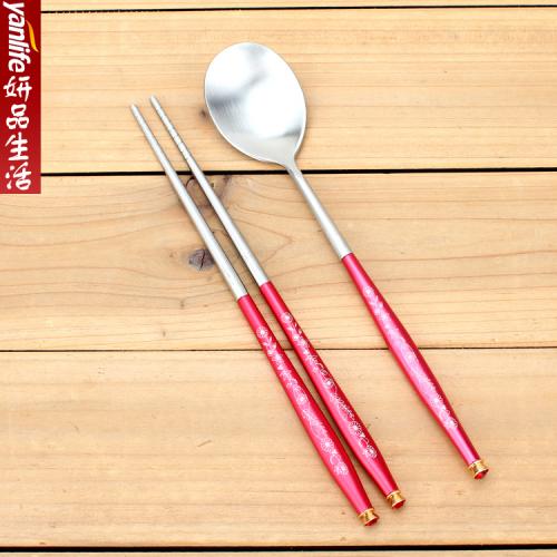韩国 不锈钢印花 哑光磨砂 勺子筷子套装 健康环保 红色/黑色