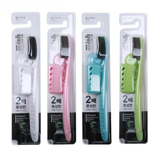 《贸》韩国进口王打688大头中软毛牙刷 带牙刷架牙刷套 白博士木炭牙刷