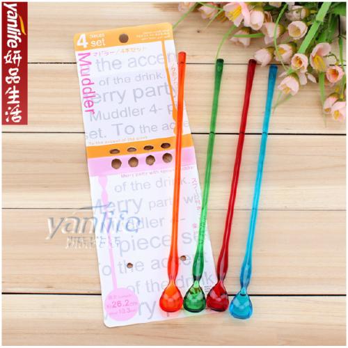 日本 4P糖果色可爱小勺 加长搅拌勺 咖啡勺子 4支装 26厘米 1060