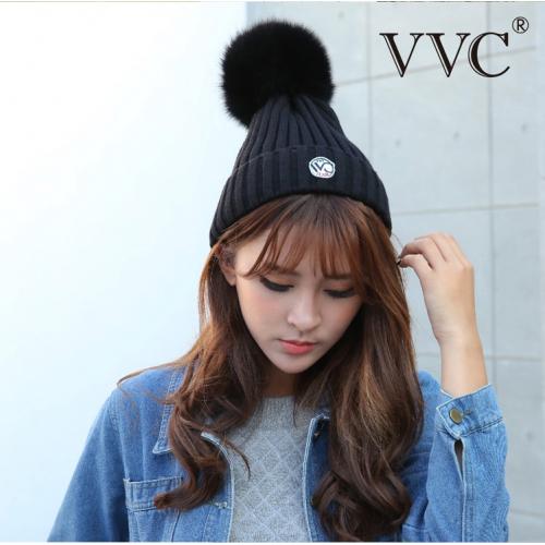 《贸》韩国vvc女神帽保暖针织帽铜离子黑发健康帽狐狸毛球毛线帽子秋冬