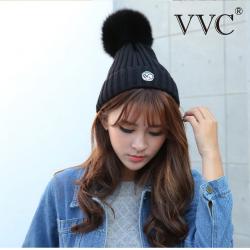 《贸》韩国vvc女神帽保暖针织帽铜离子黑发健康帽狐狸毛球毛线帽子秋冬