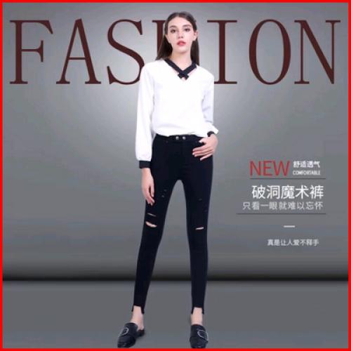 《贸》韩国Lets diet破洞魔术裤打底裤修身小脚裤九分铅笔裤