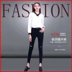 《贸》韩国Lets diet破洞魔术裤打底裤修身小脚裤九分铅笔裤