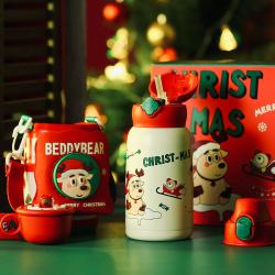 杯具熊圣诞节系列口袋儿童保温杯礼物带吸管学饮杯三盖水杯